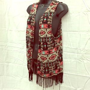 Mauve Tank top Cardigan, Aztec print w/fringe